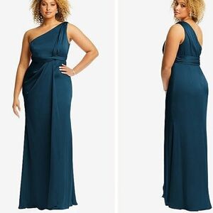 NWT Dessy Collection ONE-SHOULDER DRAPED EMPIRE WAIST TRUMPET GOWN ATLANTIC BLUE